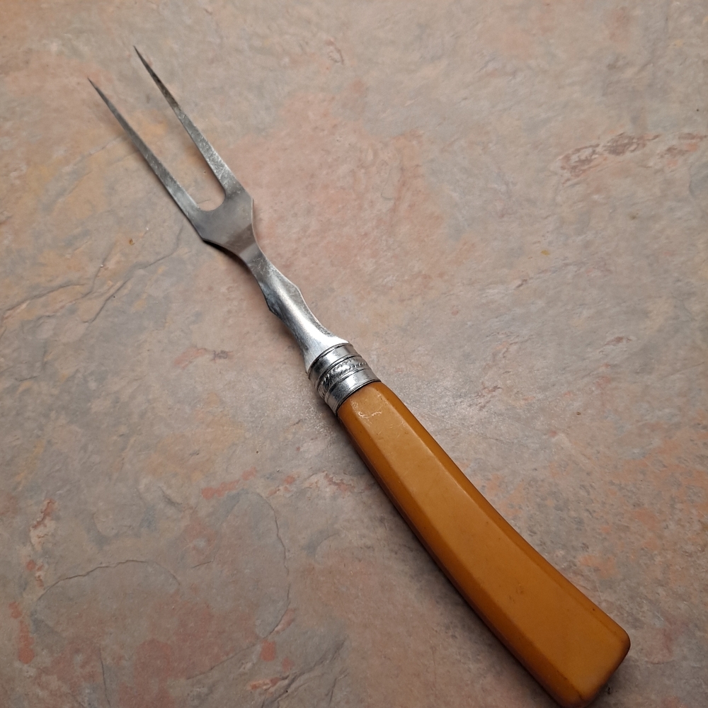 Carving Fork Butterscotch Bakelite Handle 10in c1950s Unsigned Vintage